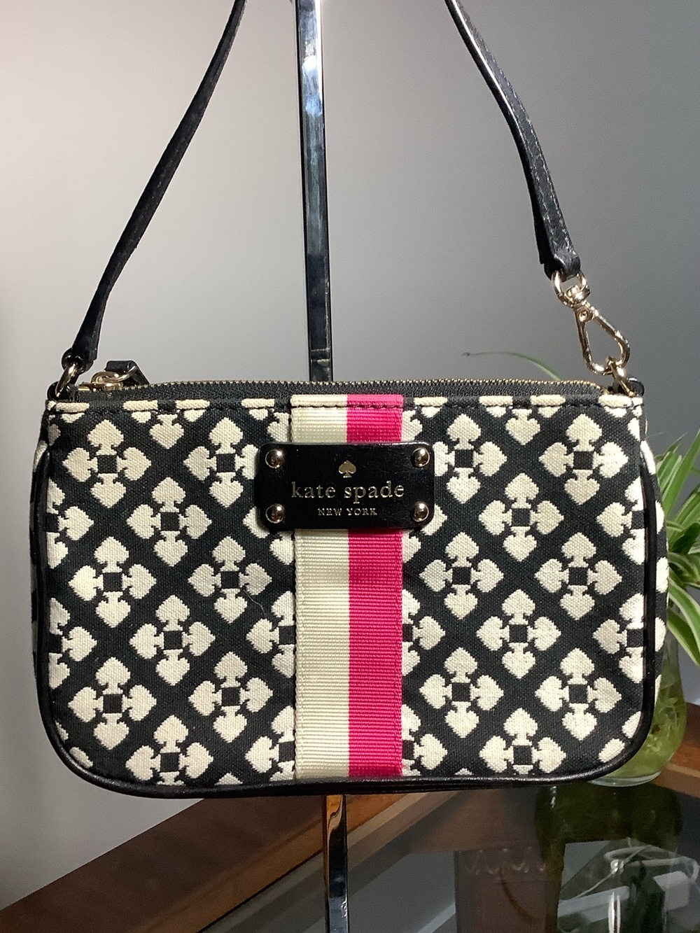 Kate Spade Black and White Geometric Crossbody with Pink and Cream Stripe